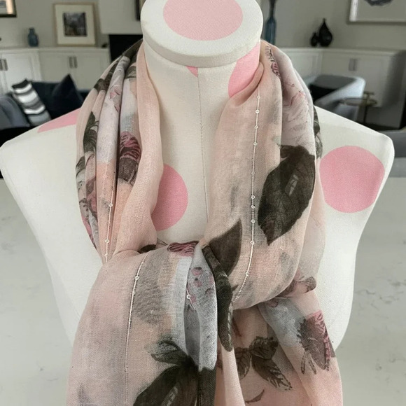 Floral Print 100% Polyester Scarf/Wrap in Blush Pink White & Green Sz OS - Picture 4 of 12